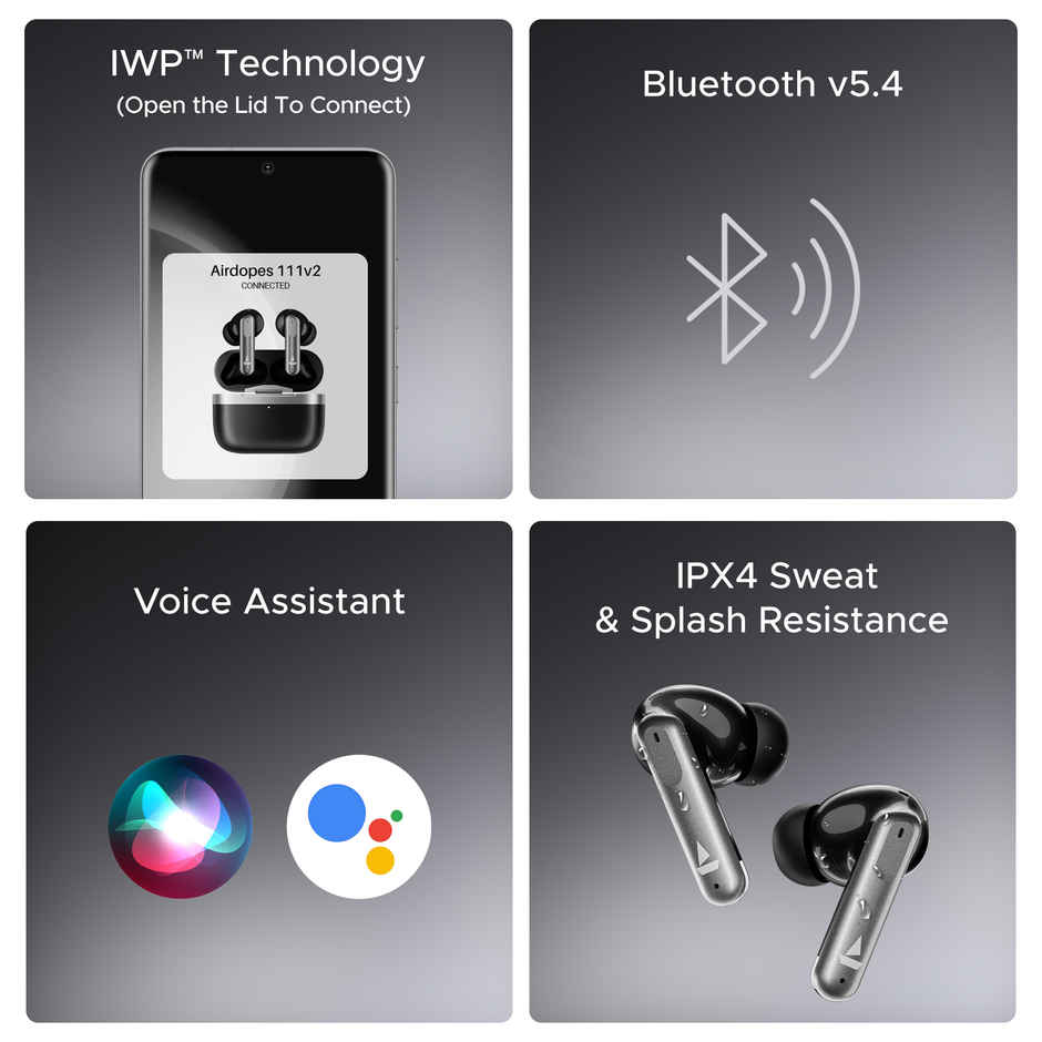 boAt Airdopes 111V2 TWS Earbuds with mic, Premium Leather Finish, 4Mics ENx, 50HRS Battery, 13mm Drivers, Fast Charge, Dual Pair, v5.4 Bluetooth - Classic Black