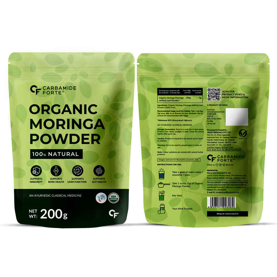 Carbamide Forte 100% Organic Moringa Powder - Moringa Oleifera USDA Certified Moringa Leaves Powder