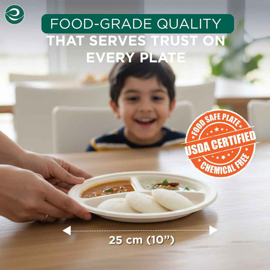 Disposable Plate | Round | 3 Compartment | 10 inch | 10 Count | Eco Soul