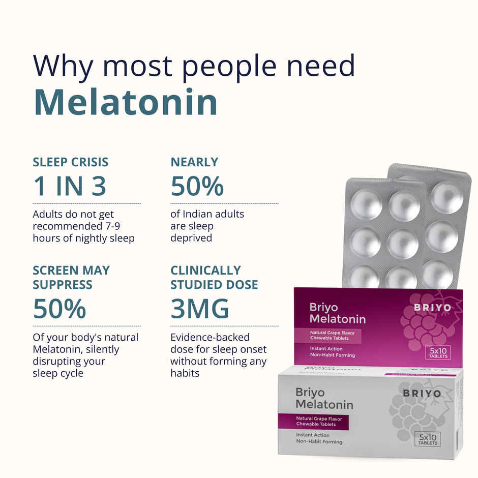 Briyo Melatonin 3 mg Natural Grape Flavoured Chewable Tablets Restful Sleep Support Sleep Aid
