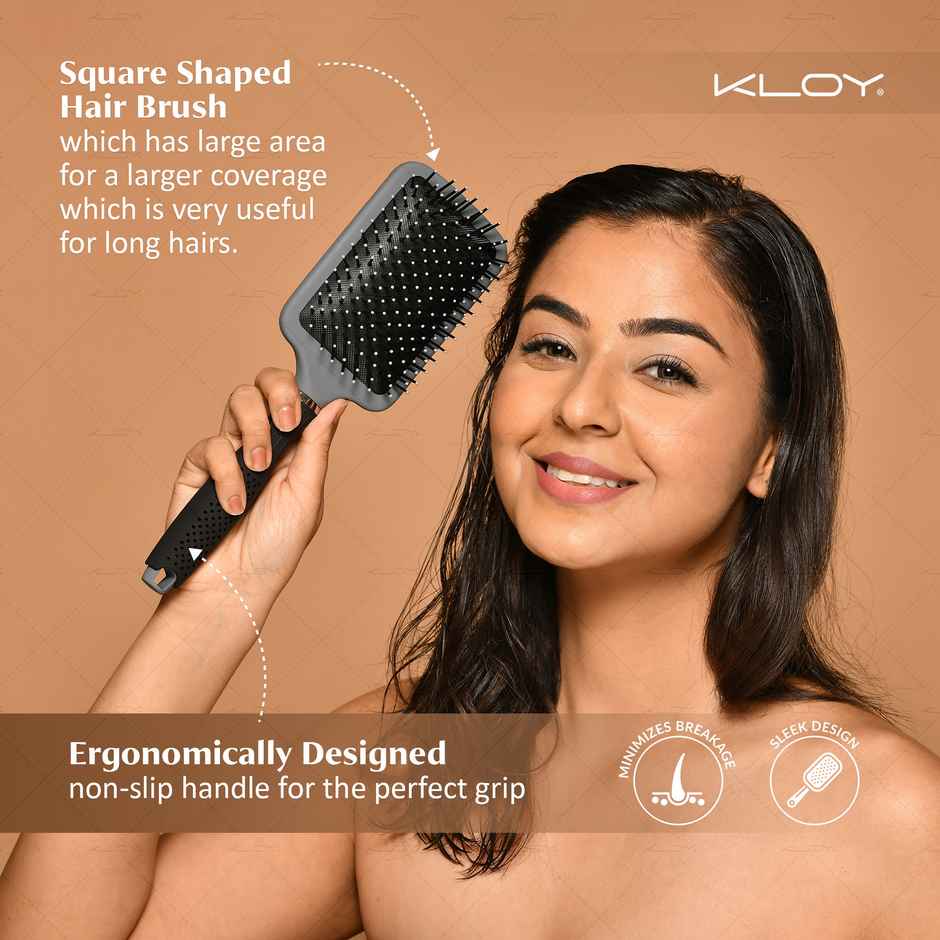Kloy Ultra Paddle Hair Brush With Large Coverage | Soft Ball-Point Bristles For Men And Women Grey