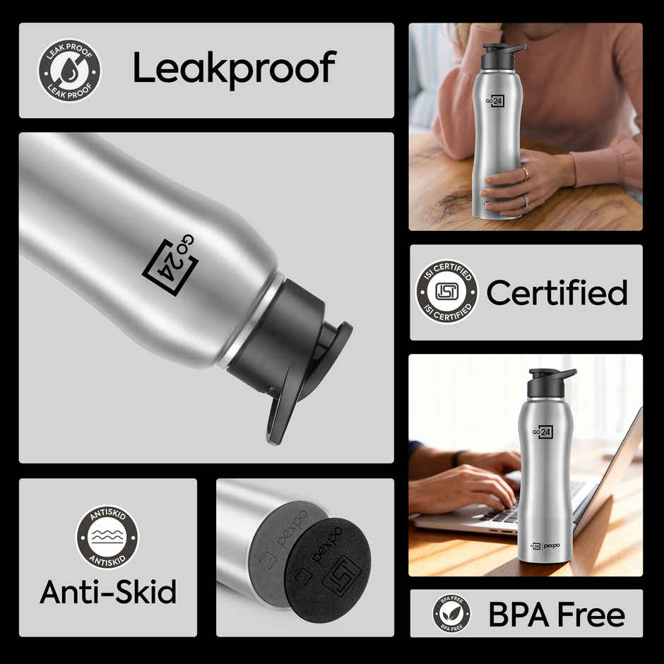 Go24 | Pexpo Bistro 1000 ml Sports And Hiking Stainless Steel Water Bottle (Pack Of 1 Silver Steel)