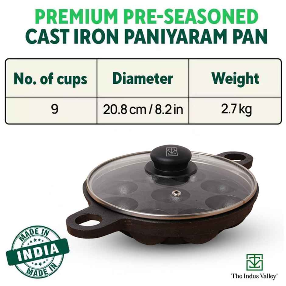 The Indus Valley Super Smooth Cast Iron Paniyaram Pan with Glass Lid | 9 Pit, 20.8cm/8.2inch, 2.7kg