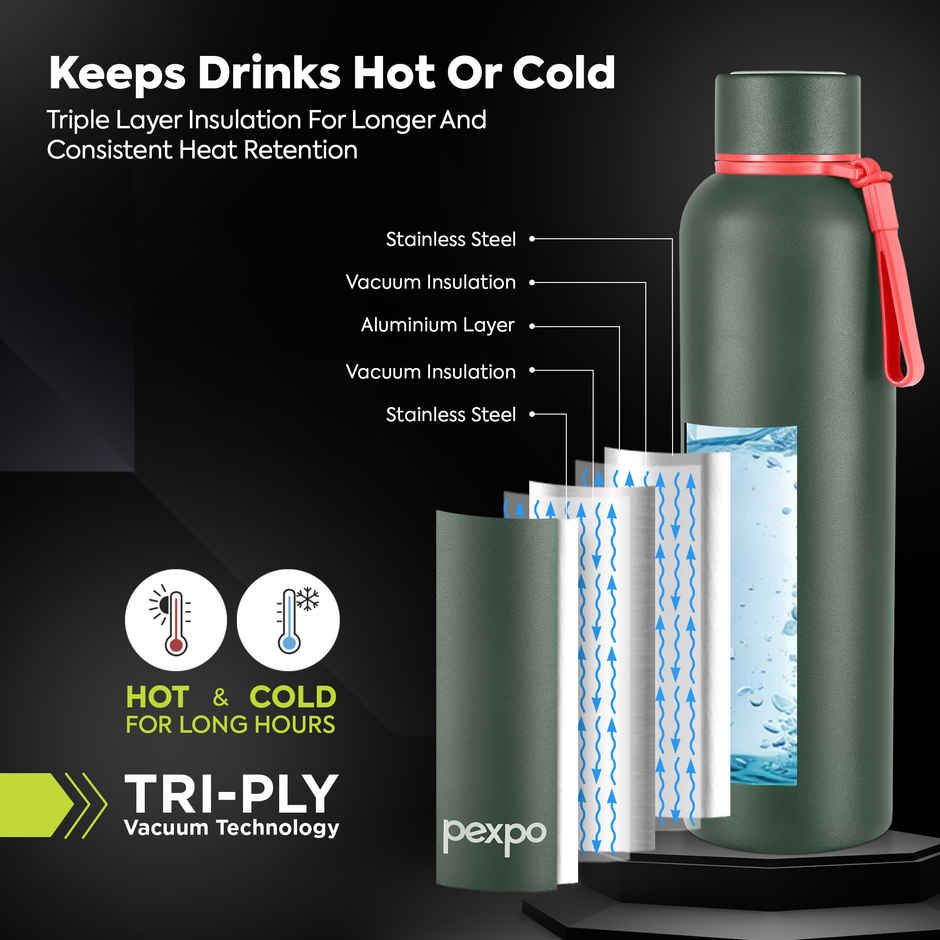 Pexpo Bravo Hot & Cold ISI Certified Insulated Thermosteel Water Bottle | Military Green | 1 L