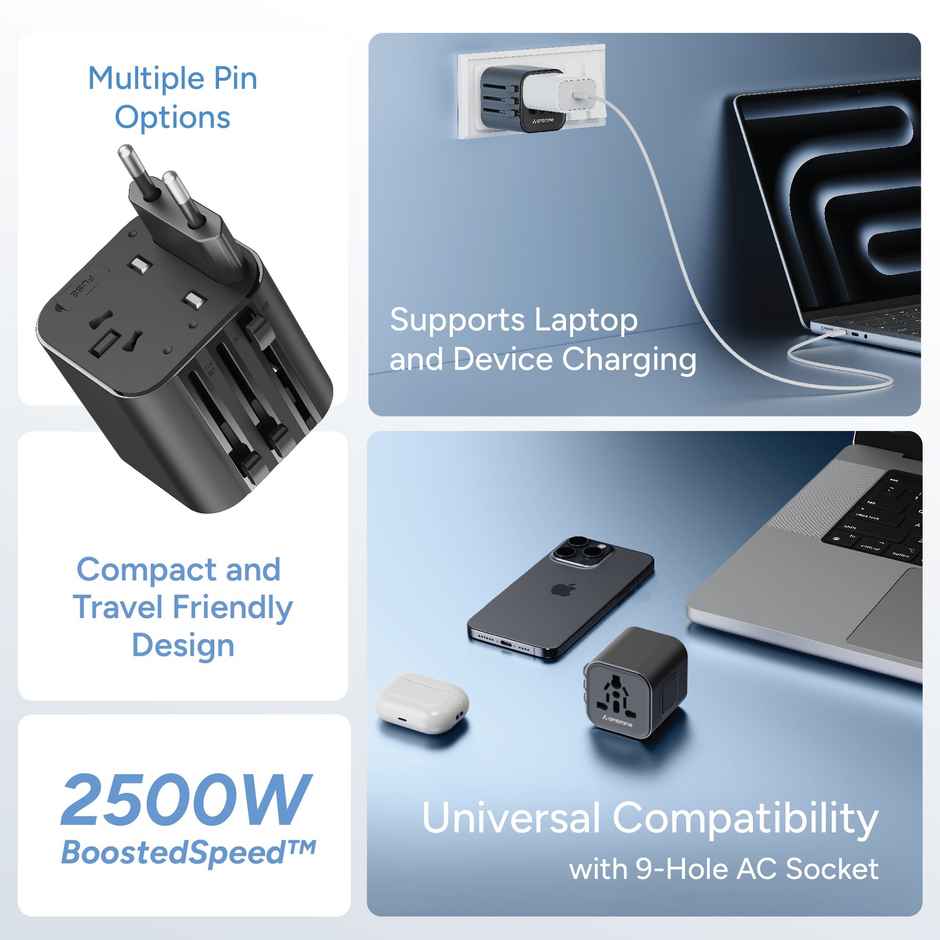 Ambrane Universal Travel Socket with 2500W High Power Output | Travel Adapter Socket | Black