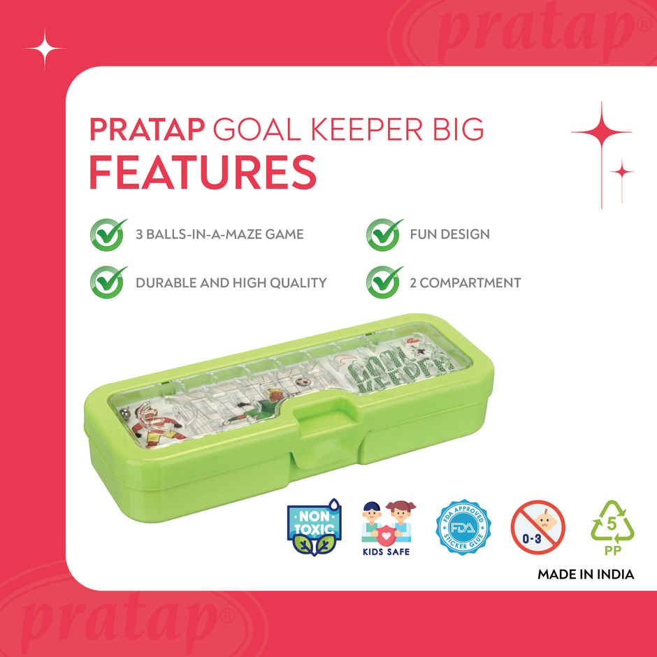 PRATAP Goal Keeper Big Pencil Box with Partition Tray | 3 Balls in a Maze Game | Green