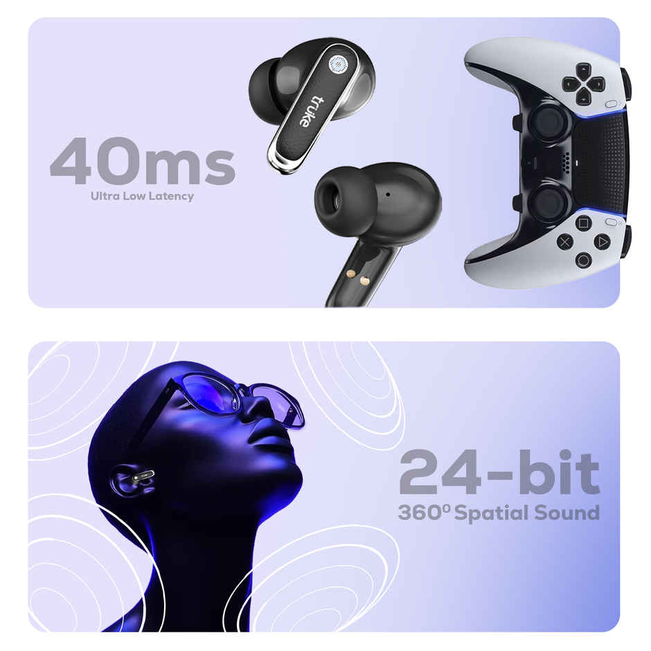 Truke Mega 12 Buds with 70H Playtime Leather Textured Finish Spatial Audio 13mm Drivers Ash Black