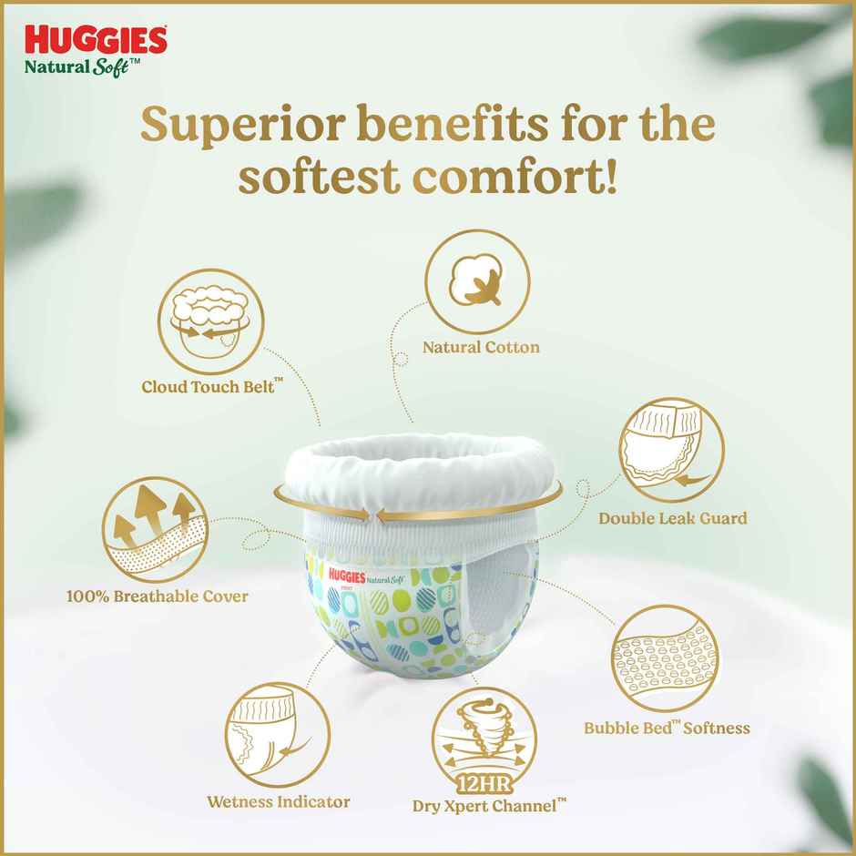Huggies Natural soft Premium Pant style Baby diaper | Large , 9-14kg, 12 hour absorption, 100% natural cotton, wetness indicator