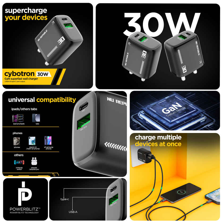 Nu Republic 30 W GaN 4 A Dual Port Mobile Charger with Detachable Cable - Black