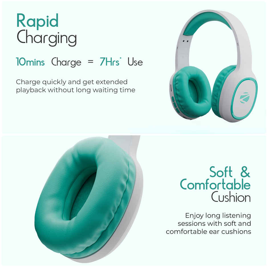 ZEBRONICS Thunder Bluetooth 5.3 Wireless Over Ear Headphones with 60H Backup, Gaming Mode, Dual Pairing, Enc, Aux, Micro Sd, Voice Assistant, Comfortable Earcups, Call Function - Sea Green