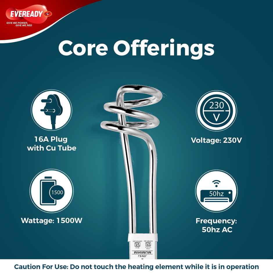 Eveready Epoxy Immersion Heater Rod | 1500W | Rust-Resistant & Long Life | 2 Years Warranty | 16 A Plug