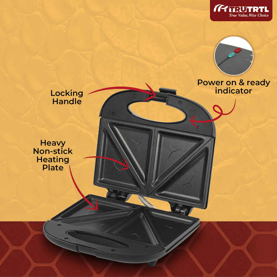 truTRTL Smart Toast Electric Sandwich Maker with Non-Stick Die Cast Aluminium Plates| 800W (Black)