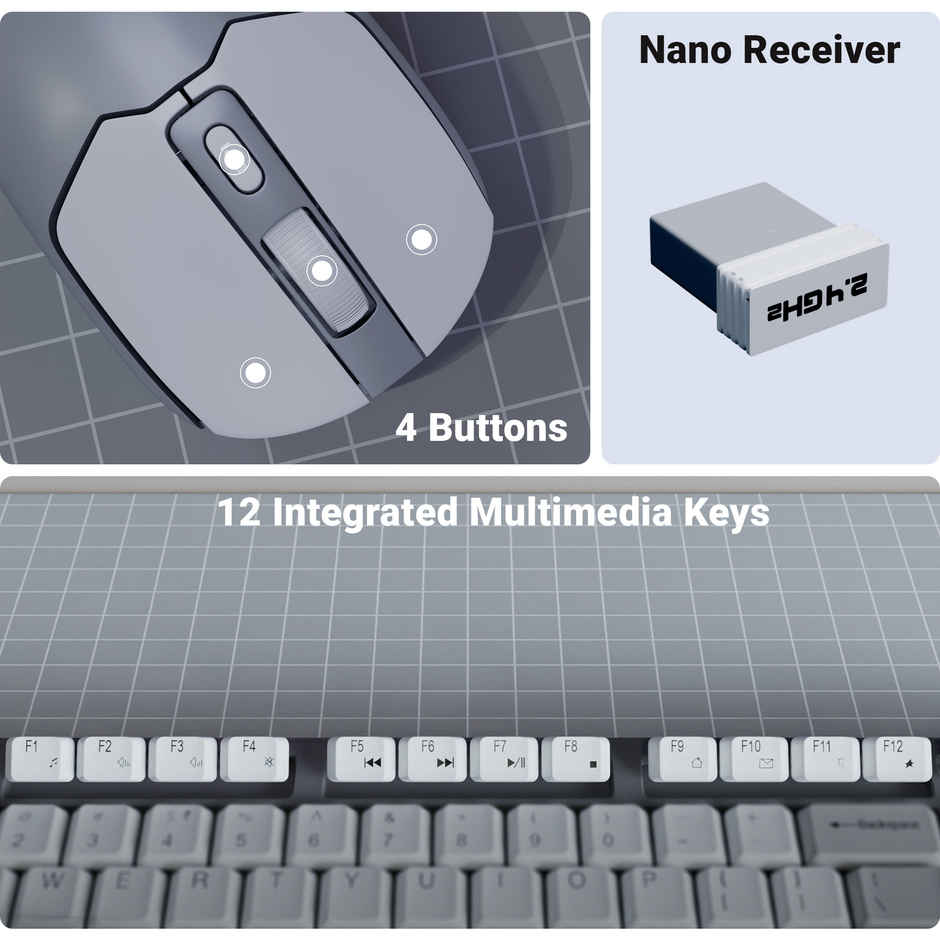 Zebronics Companion 304 Wireless Combo, 104 Keys,  Key, 12 Multimedia Keys, 1600 DPI Grey