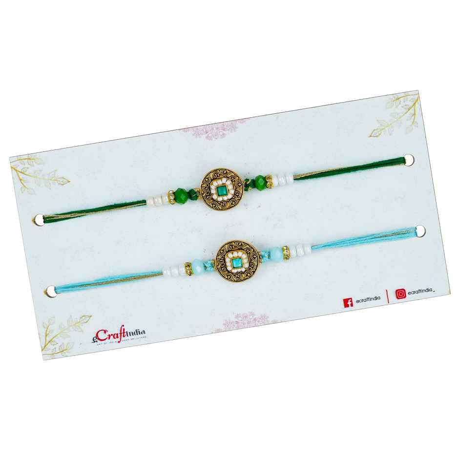 Kundan Pearls Beads Designer Rakhis for Bhai, Bhaiya, Bhabhi and Kids with Roli Chawal | Set of 2 | Abstract Rakhi | Ecraftindia
