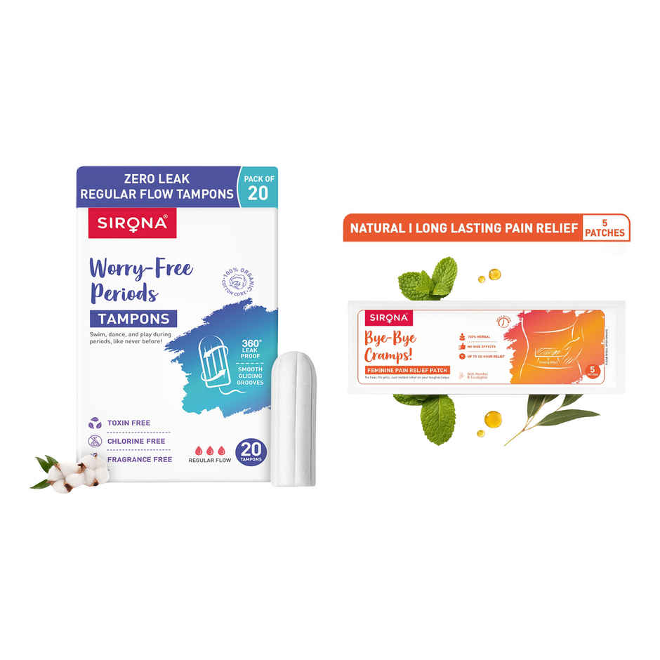 Sirona Regular Flow Tampons | Organic Cotton Core | Ultra-High Absorbency | Leak-Proof Protection (20pc) & Sirona Herbal Period Pain Relief Patches| Relief From Menstrual Cramps | Cool Patches (5pc) Combo