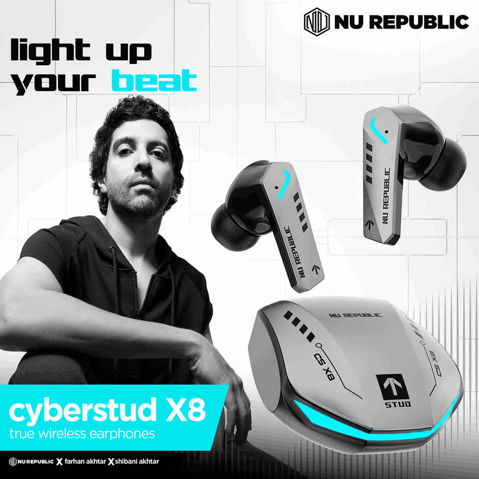Nu Republic Cyberstud X8 TWS Earbuds, Up to 56Hrs Playtime, 40ms Ultra Low Latency, ENC Mics, 13mm Neodymium Drivers, XBass Technology, Dual Mode for Gaming & Music, Bluetooth 5.3 - Silver