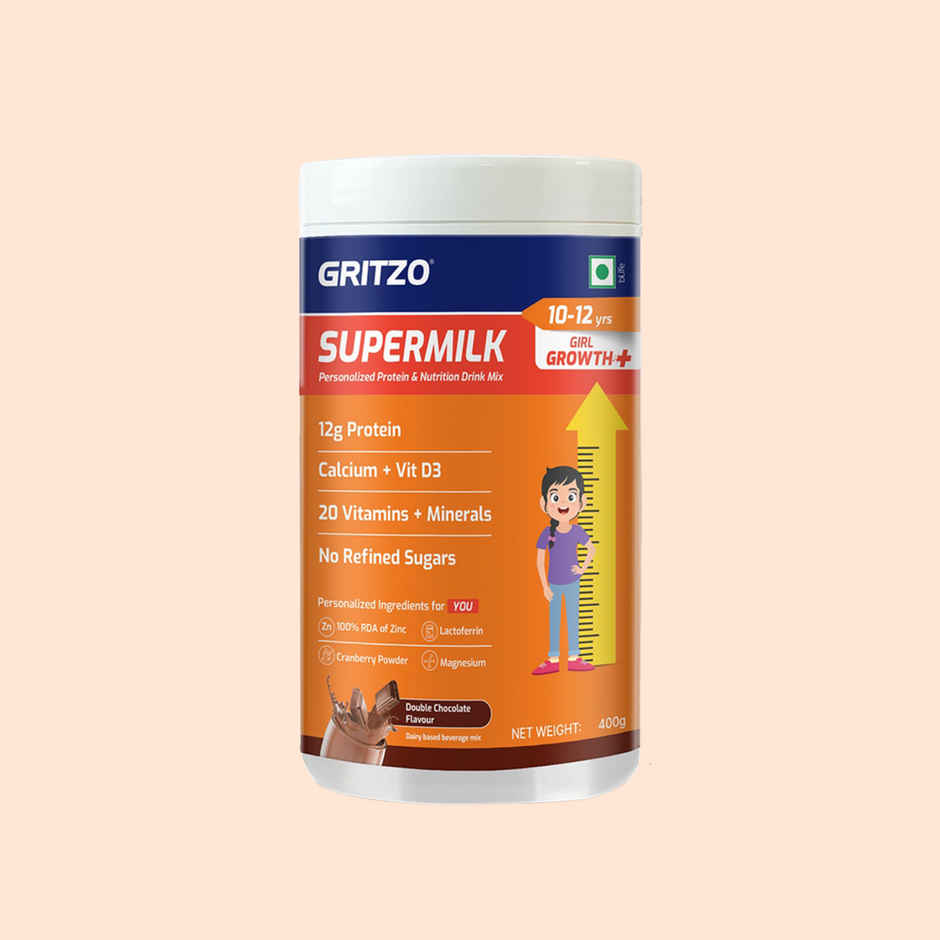 Gritzo Super Milk Growth+ | 10-12y Girls | 12g Protein Powder | Double Chocolate