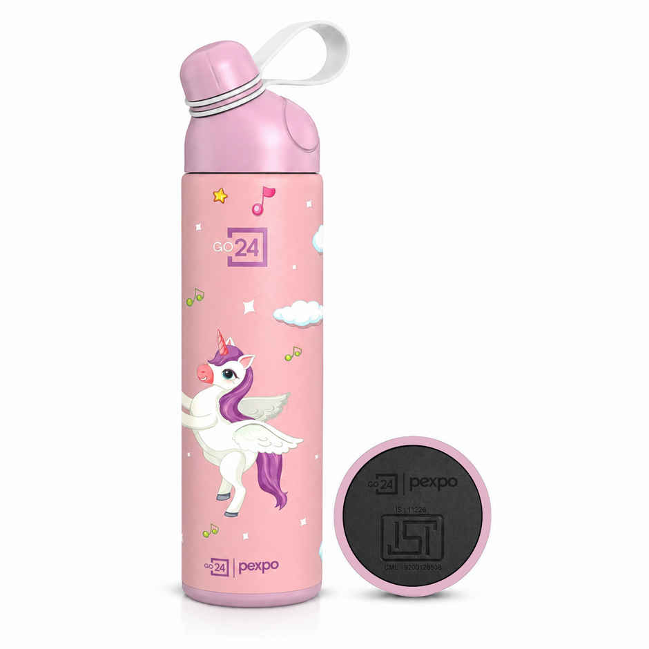 Go24 | Pexpo Stainless Steel Pico Cute Sipper Hot & Cold Water Bottle | Unicorn UV Printed | Pink | 500 ml