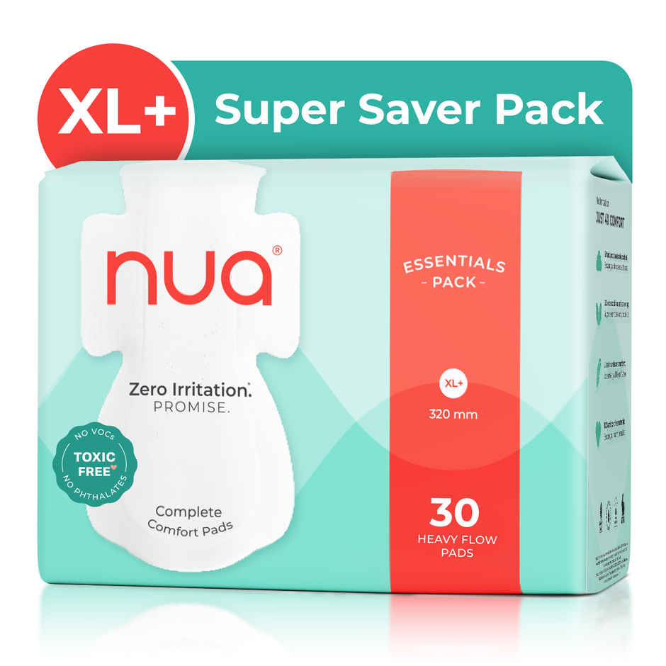 Nua Complete Comfort Sanitary Pads For Heavy Flow| 30 Xl+ (30pc) & Nua Cramp Comfort Heat Patches For Period Pain (3pc) Combo