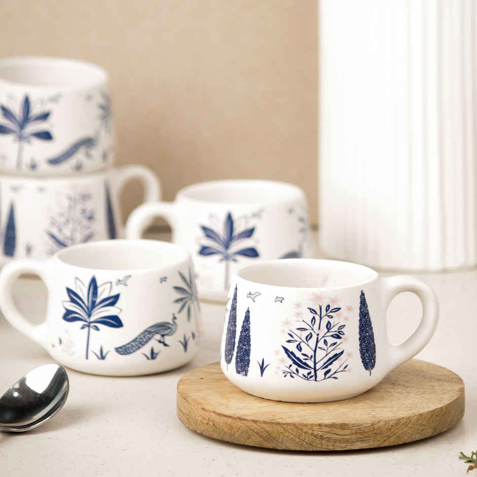 The Earth Store Blue Peafowl Ceramic Tea Cup | 150 ml Each Microwave Oven Safe Coffee Cups