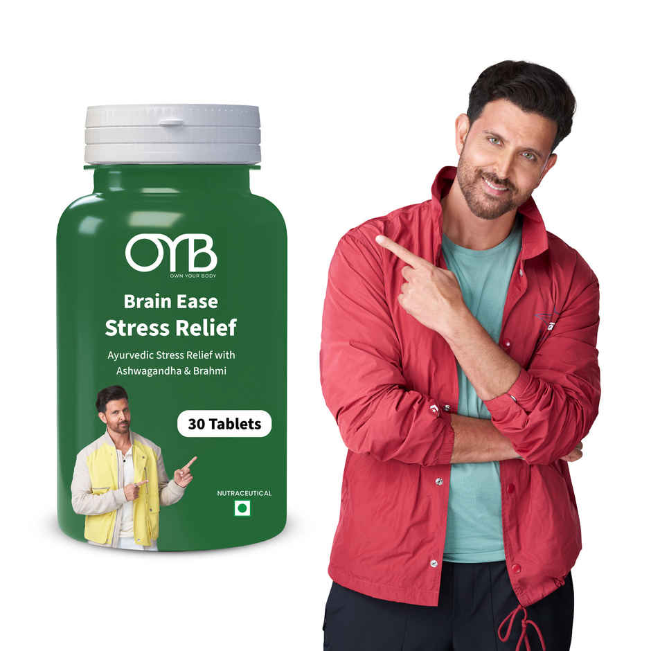 OYB Brain Ease Stress Relief with Ashwagandha & Brahmi for Calm Mind, Focus & Anxiety | 30 Tablets