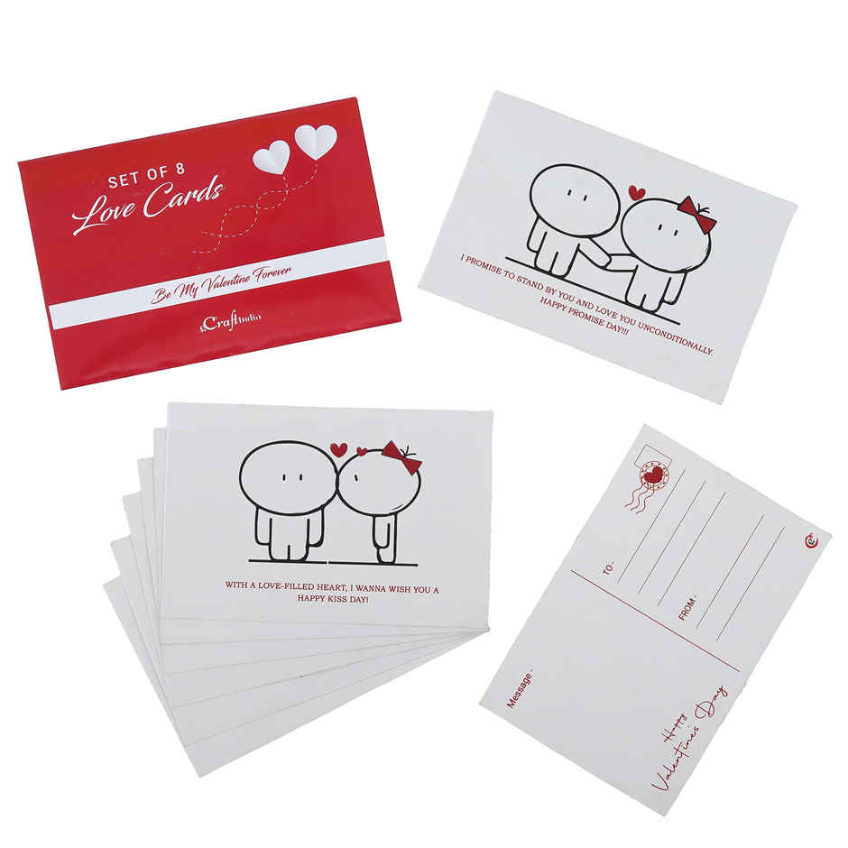 eCraftIndia Set of 8 Love Post Cards Valentine's Day Gift with Heartfelt Greetings | Red & White