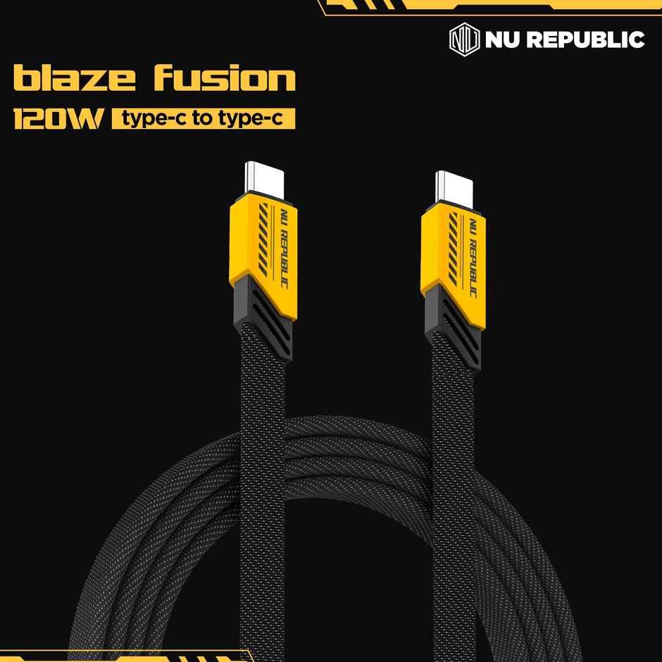 Nu Republic Blaze Fusion 120W 1.2 M Type-C To Type-C Fast Charge Carbon Fibre Texture Braided Cable (Compatible With Mobile, Tablet, Laptop, Speakers)1.2M - Yellow & Black