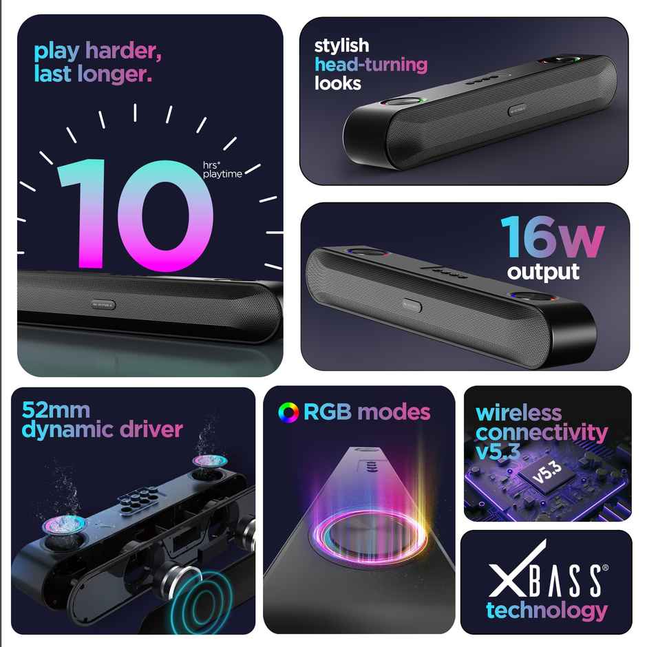Nu Republic Partybox161 | 10H Playtime | 52mm Driver | RGB Lights | 16W Bluetooth Soundbar - Black