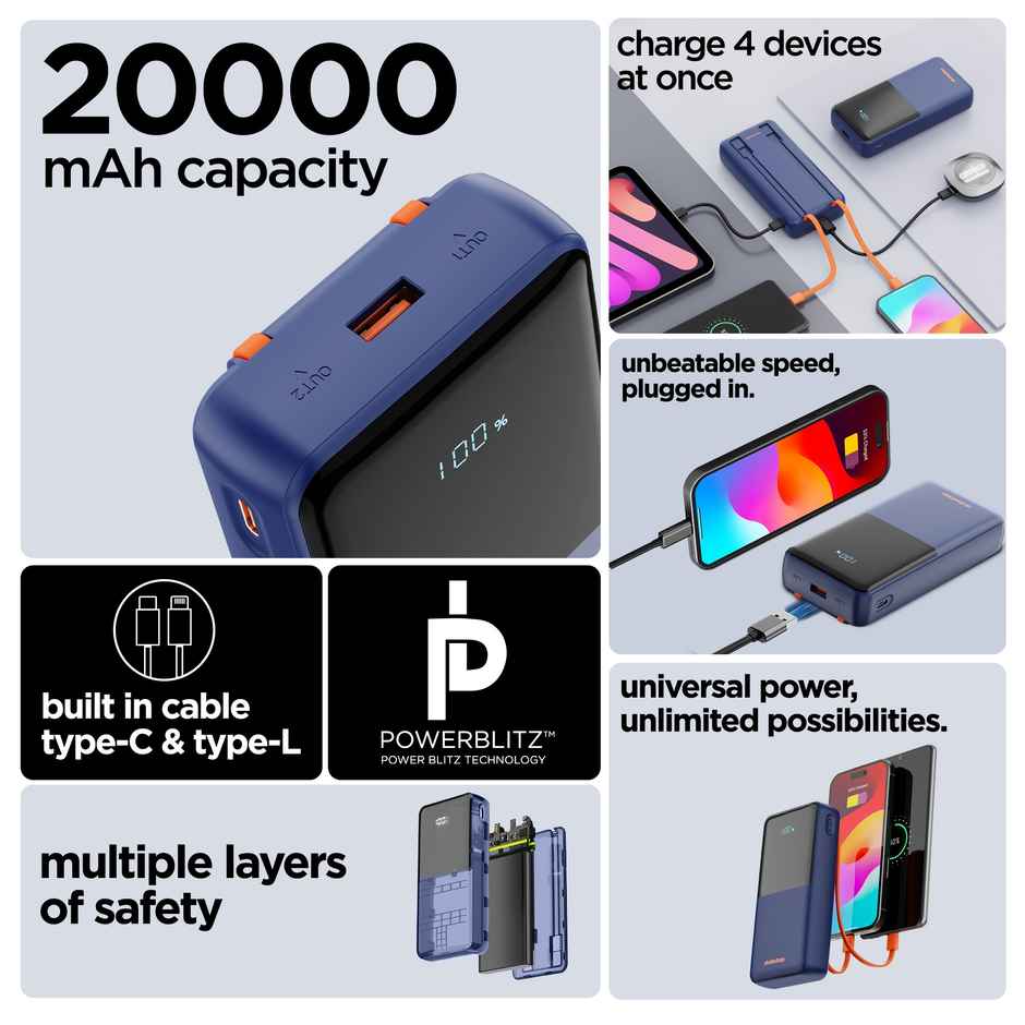 Dubstep Powerblitz X5 22.5W 20000 mAh Fast Charging Power Bank with Inbuilt Type C Blue