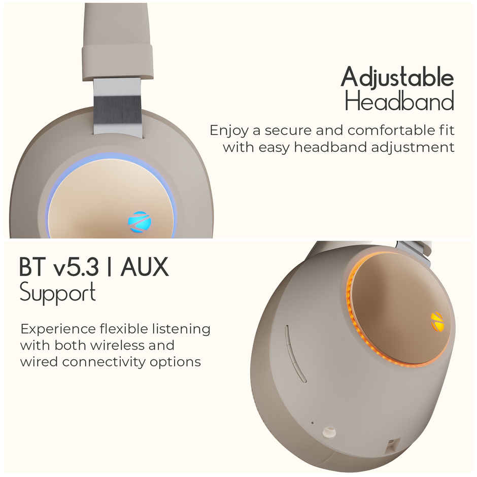 Zebronics Duke BT Headphone, 60h, Dual Pairing, Gaming Mode, ENC, LED, Deep Bass, Voice Asst (Beige)