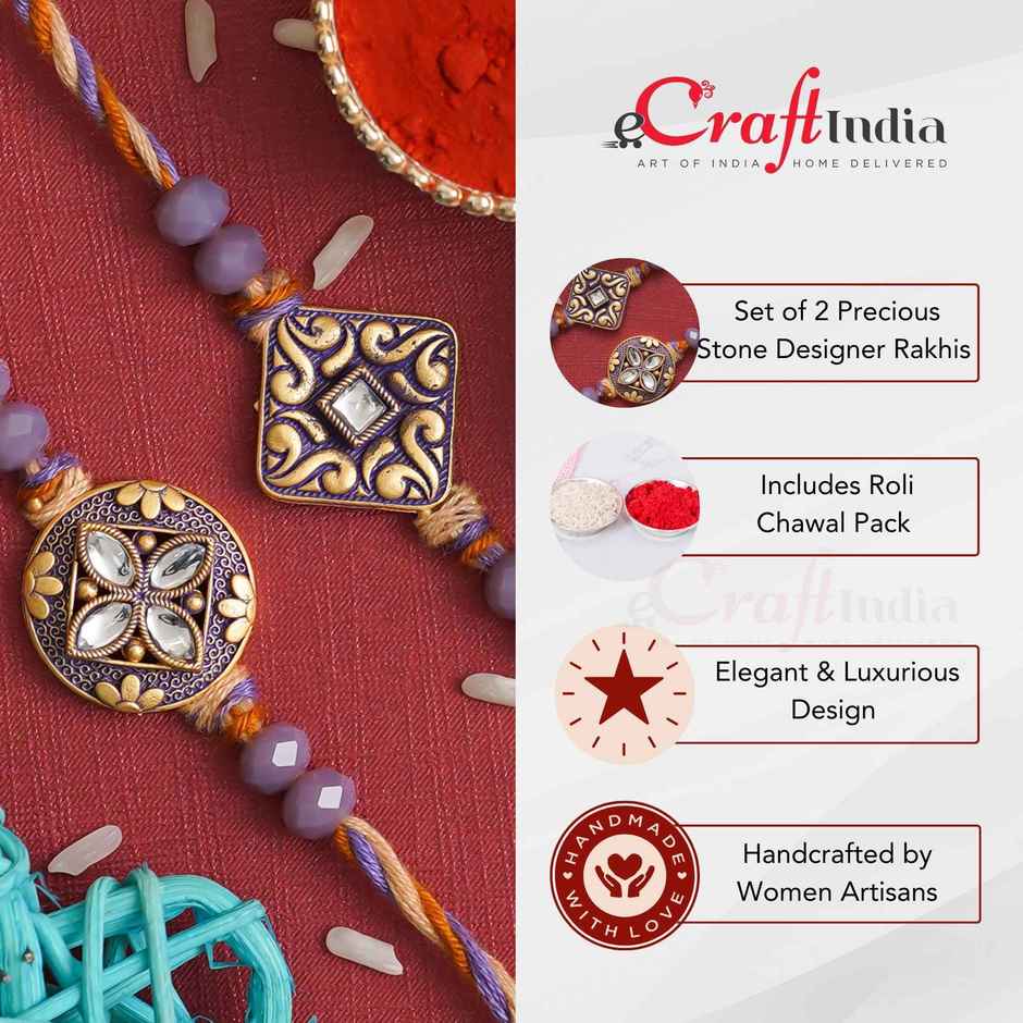 Stone Purple and Golden Precious Stone Designer Rakhis & Roli Chawal Pack (eCraftIndia) Set of 2