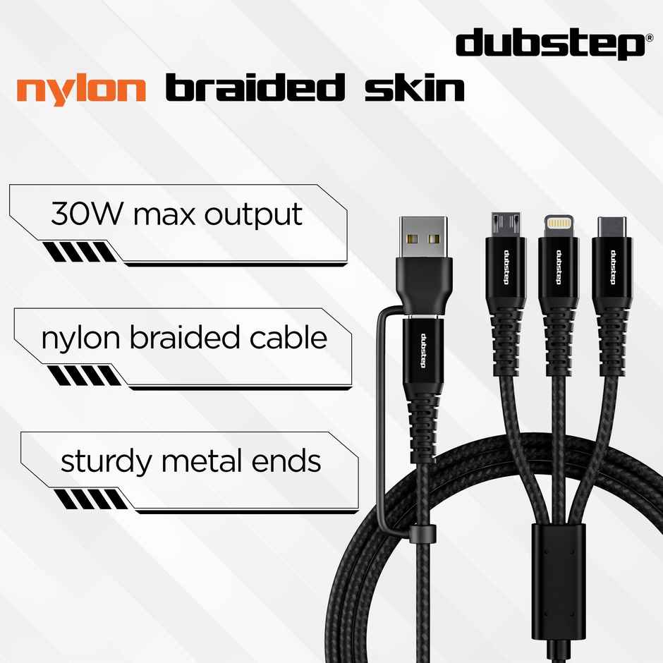 Dubstep Blaze Hexa 30W 6 in 1 USB Cable 1.2m with Changeable USB Head to USB-A to Type-C To Type-C + MicroUSB + Type-L Fast Charging Cable (Compatible with Mobile, Tablet, Laptop, Black, One Cable) - Black