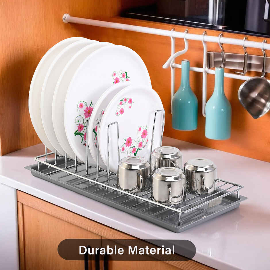 Kuber Industries Stainless Steel Glass & Plate Stand | Crockery Rack with Draining Tray | Silver