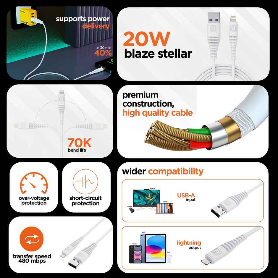 Dubstep Blaze Stellar 20W USB-A To Type-L Data Fast Charging Compatible & Data Sync Cable with Overheat Protection | 70k Insertion Tested - White