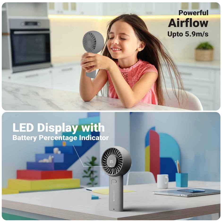 Zebronics Heat Buster 200 Grey Fan | 12H Backup, 3600Mah, 5-Speed, 5.9M/S Airflow, Led Display