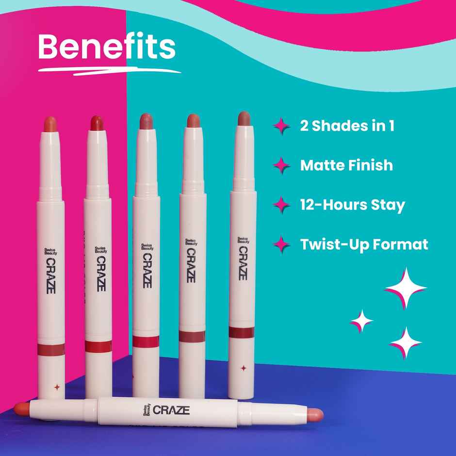 Swiss Beauty Craze Duo 2 in 1 Satin Matte Finish Lipstick Non Transfer Lip Colour | 04 Terrific Pink
