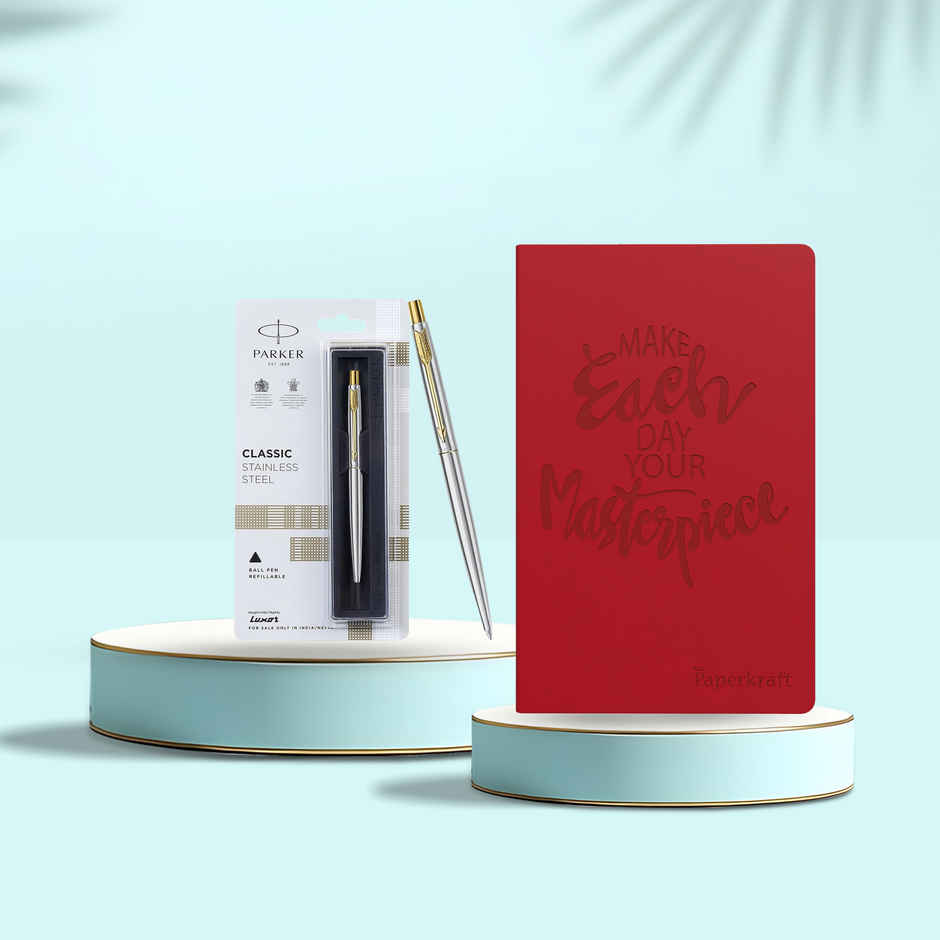 Parker Classic Stainless Steel Gold Trim Ball Pen| Ink Color - Blue | Corporate Gift (1pc) & Paperkraft Designer Series With Pu Leather - Red Color, 192 Pages, Pack Of 1-Set Of 1 (1pc) Combo