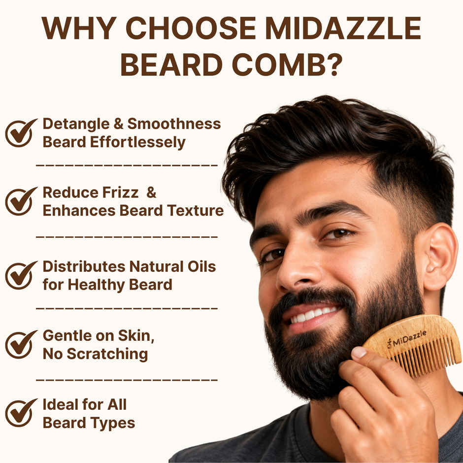 Midazzle Organic Kachhi Neem Wooden Compact Beard Comb | MINC2108