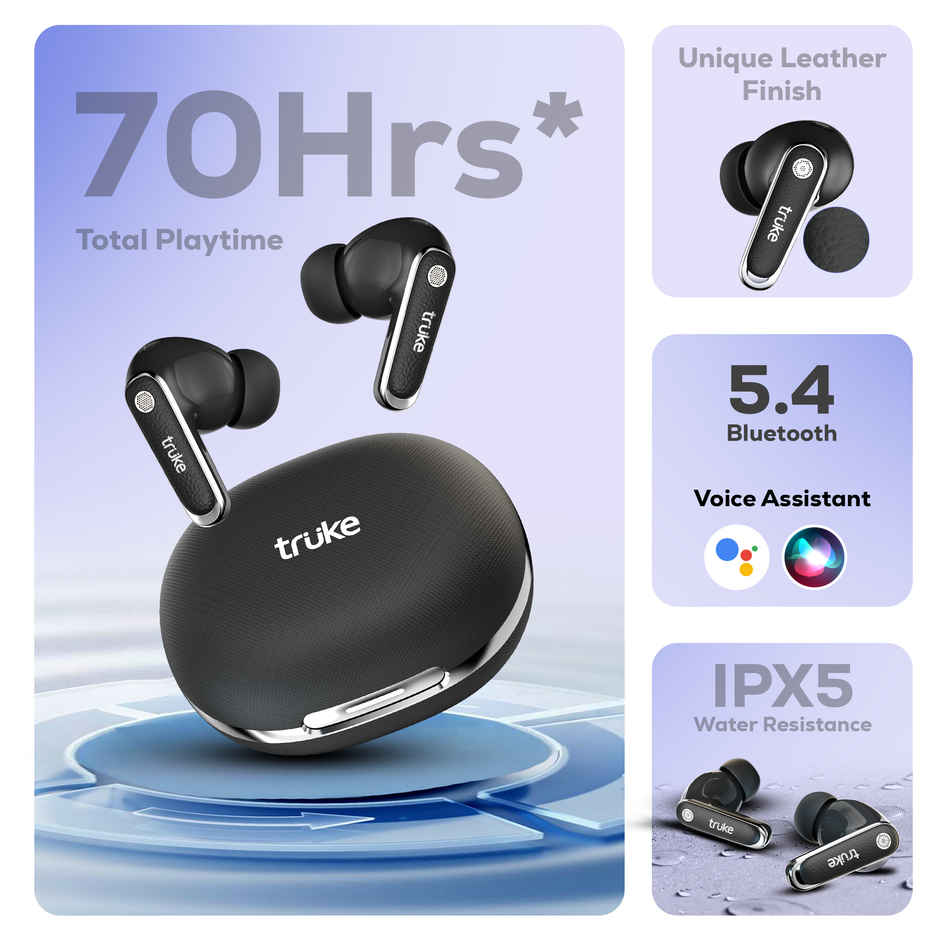 Truke Mega 12 Buds with 70H Playtime Leather Textured Finish Spatial Audio 13mm Drivers Ash Black