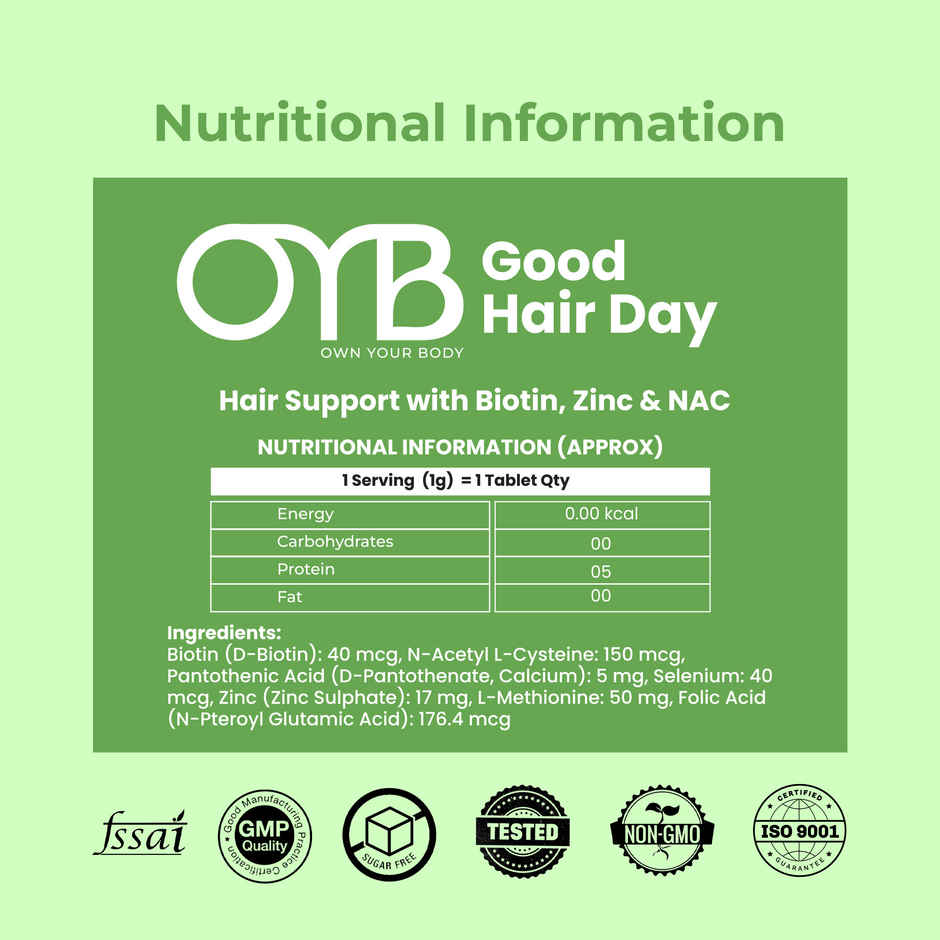 OYB Hair, Skin & Nail Support with Biotin, Zinc & NAC for Hair Growth | 30 Tablets