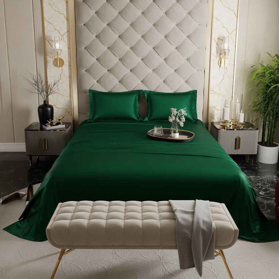 Stoa Paris Emerald Green Flat Bedsheet Set - Double - 2 Pillow Covers