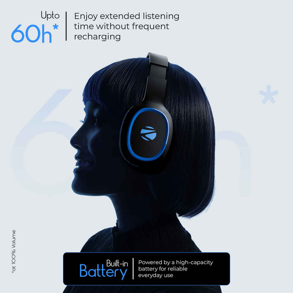 Zebronics Thunder BT 5.3 Headphone, 60H, Gaming Mode, Dual Pairing, ENC, AUX, mSD, Voice Asst(Blue)
