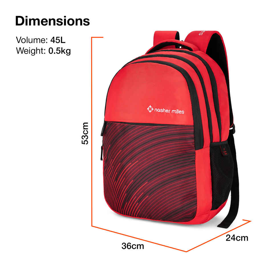 Nasher Miles Wave Backpack- Unisex- 3 Compartment Casual College Bag- Red- 45L