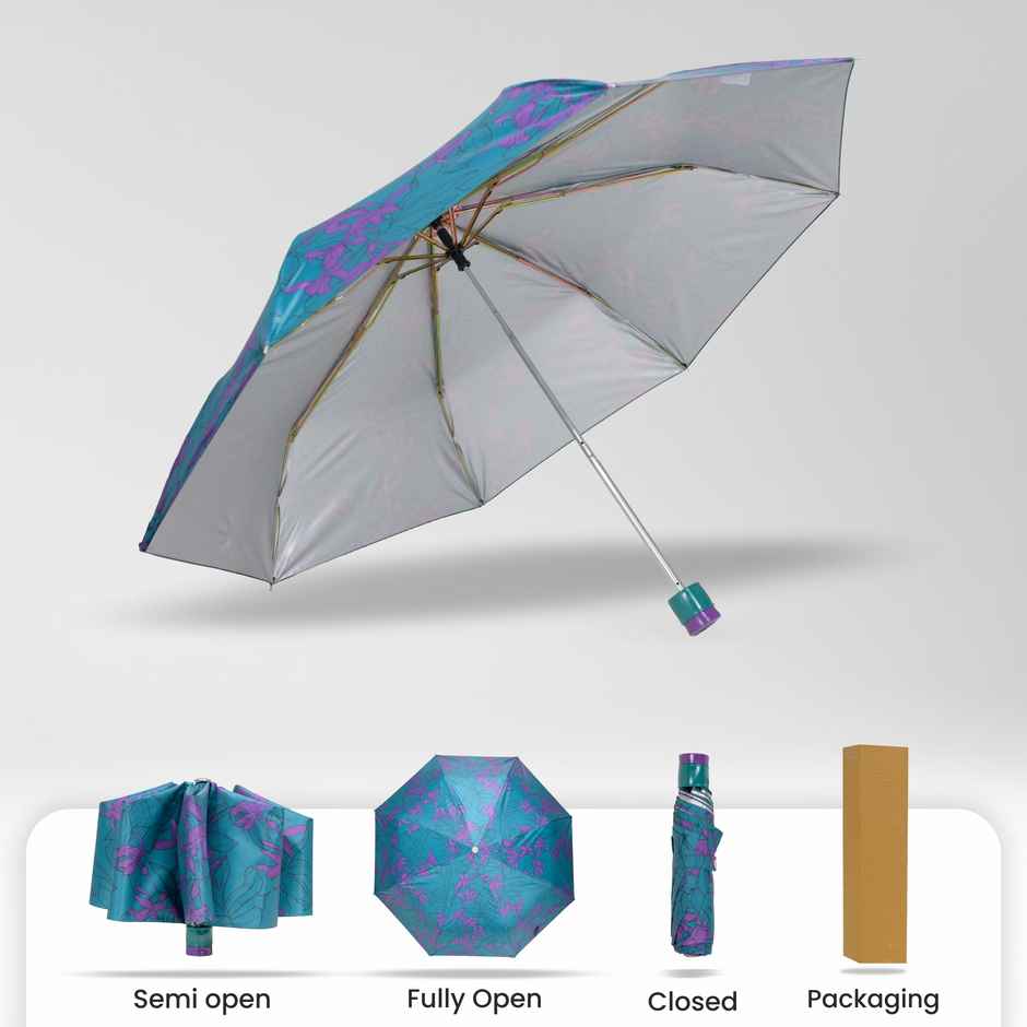Cello Drizzle 21.5 Inch 3 fold Mix Print Silver Umbrella | Teal Green