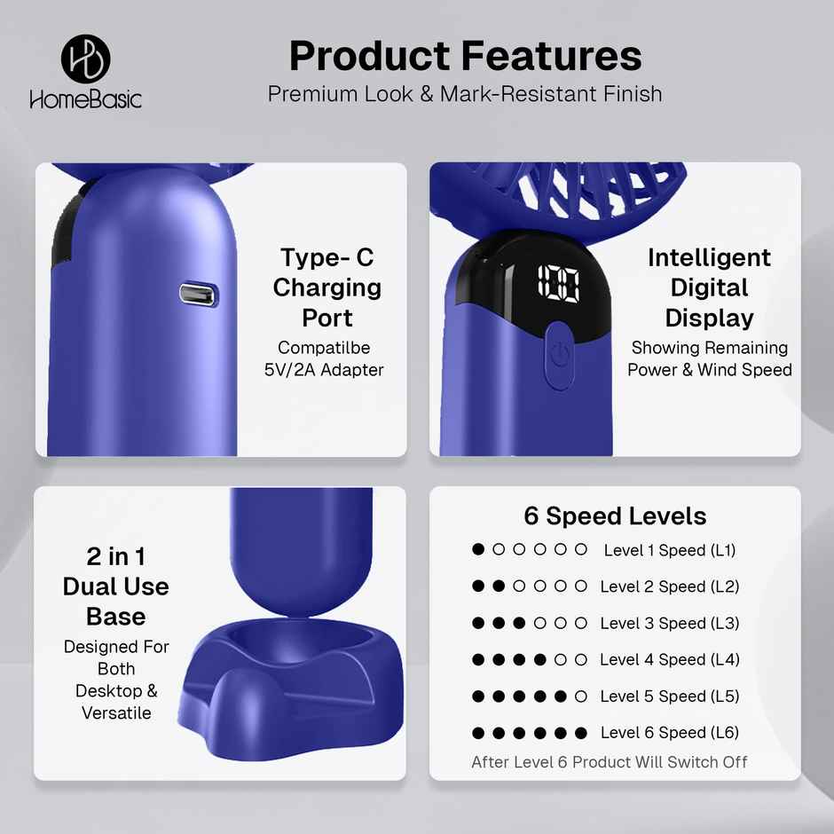 HomeBasic Air Swirle USB Portable Fan, 4500RPM, 2 in 1 Design, 6 Speed modes, LED Display, Blue