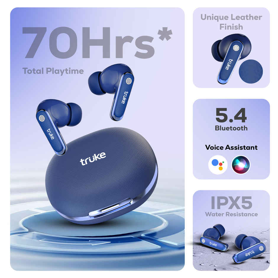 Truke Mega 12 Buds with 70H Playtime Leather Textured Finish Spatial Audio 13mm Drivers Indigo Blue