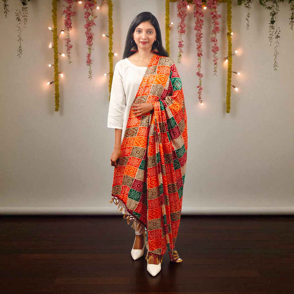 Multicolor Print Dupatta with Red Base | House of Festivals