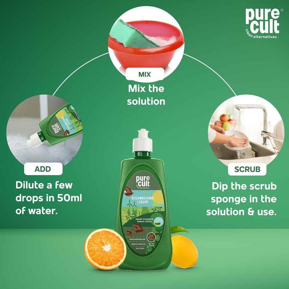 Pure Cult Dishwash Liquid With Sweet Orange & Lemon Essential Oil - Bottle