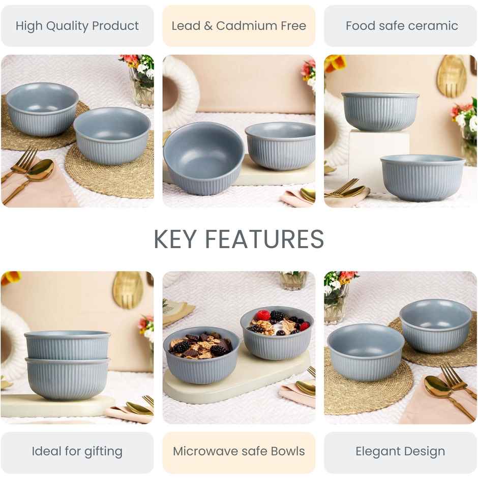 The Earth Store Grey Fringe 2Pc Ceramic Bowl Gift Set, 500 ml Each Microwave Safe, Snack Serving