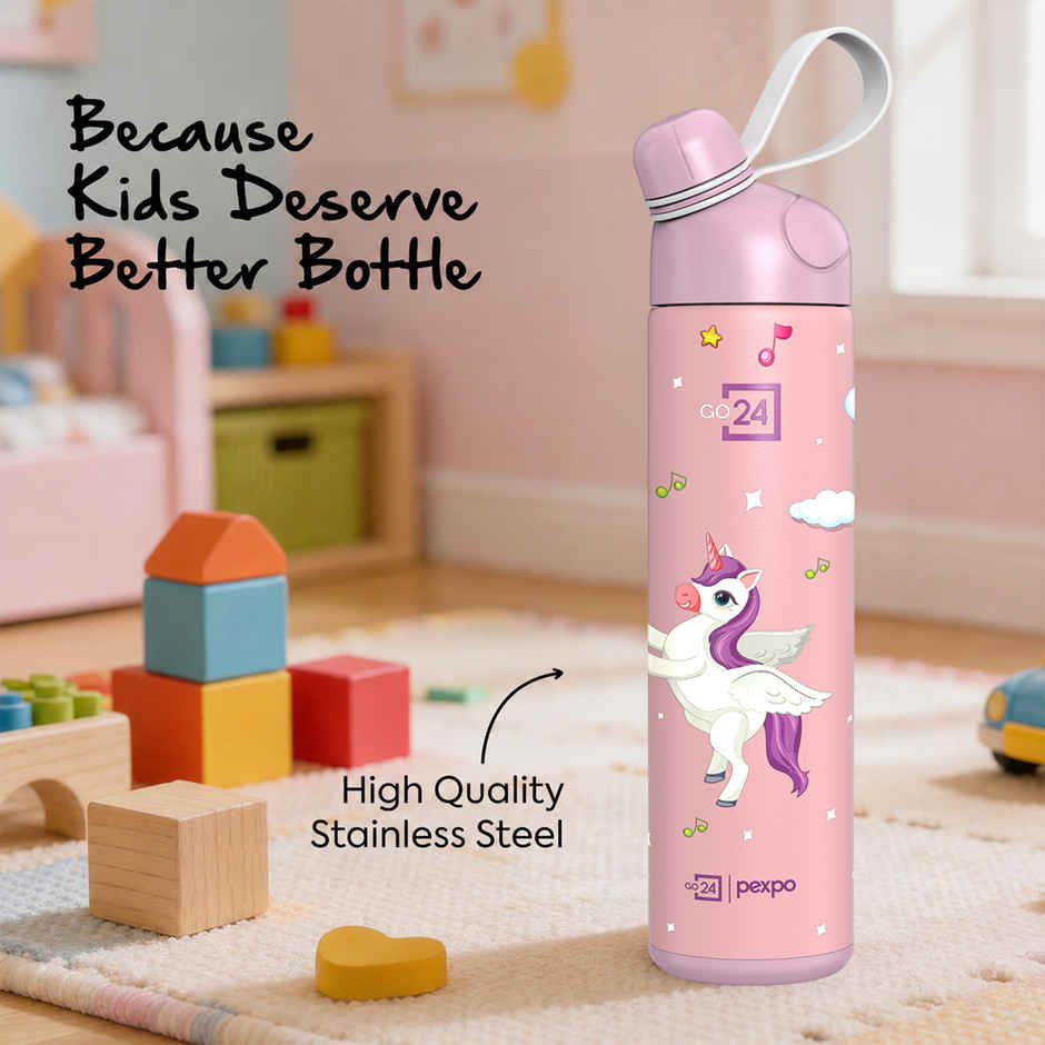 Go24 | Pexpo Stainless Steel Pico Cute Sipper Hot & Cold Water Bottle | Unicorn UV Printed | Pink | 500 ml